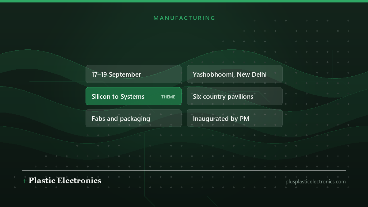 Editorial illustration of SEMICON India 2026: 17 to 19 September at Yashobhoomi, New Delhi, themed Silicon to Systems, with six country pavilions and sessions on fabs and packaging.